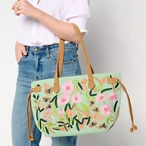 America & Beyond Floral Embroidered Beaded Tote Bag Medium Mint Green Boho Beach